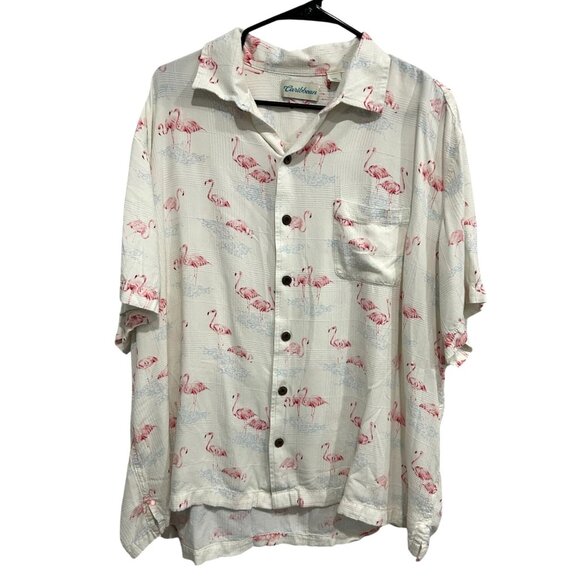 Caribbean Mens Flamingo Print Button-Up LInen Blend Shirt XXL White Pink - Picture 1 of 8